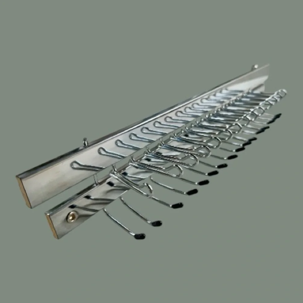 VINTAGE, TY-MASTER, AUTOMATIC TIE RACK. CHROME-PLATED. 13 3/4”W X 2 3/8”H